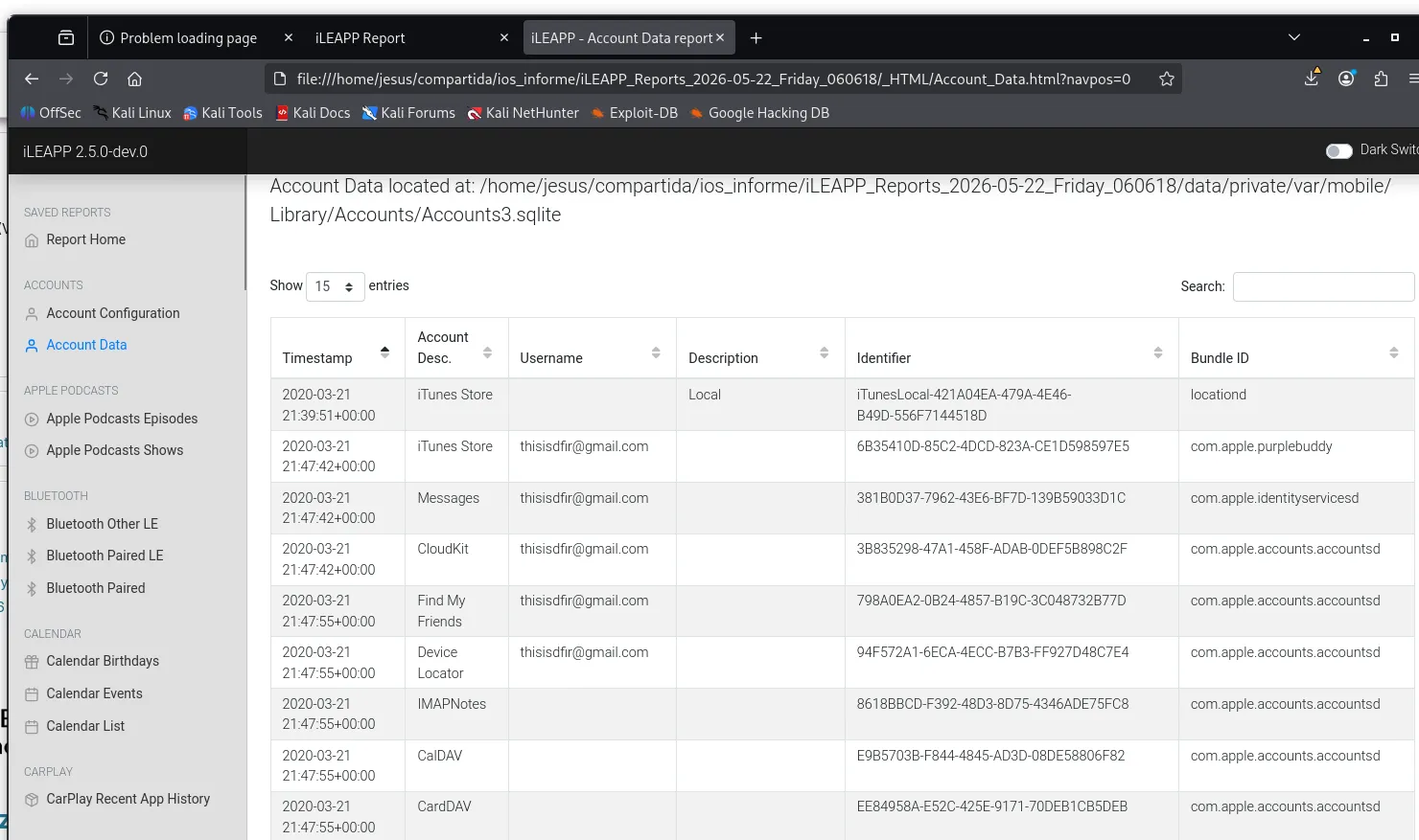 Informe Account Data mostrando las cuentas configuradas en el dispositivo