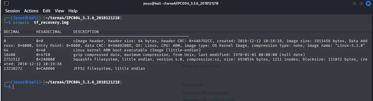 Salida de binwalk mostrando el kernel Linux ARM y los sistemas de ficheros embebidos