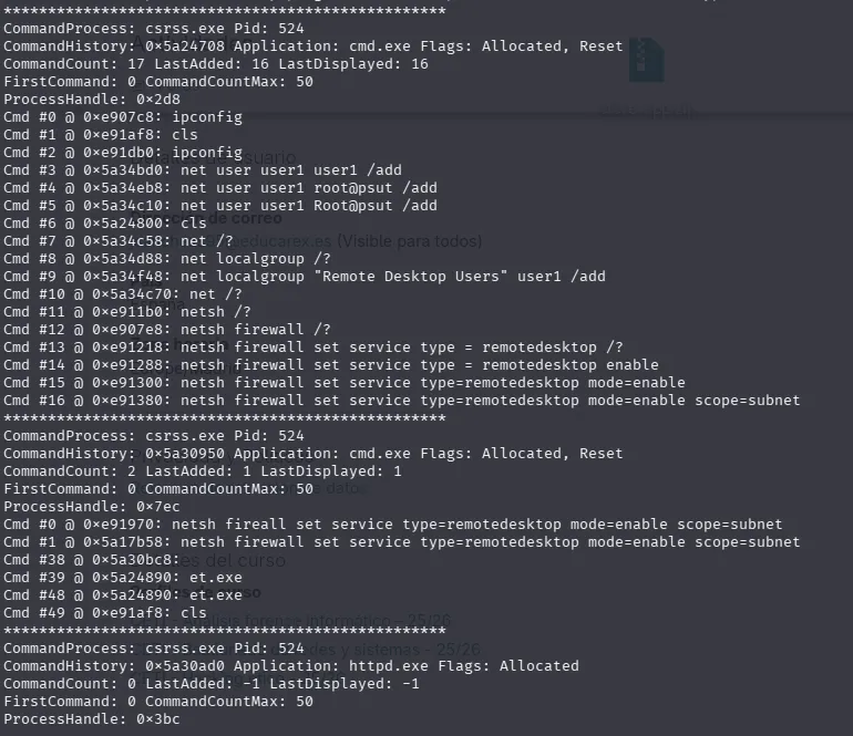 Historial de comandos recuperado de la memoria: ipconfig, creación de usuario, grupo Remote Desktop Users y reglas de firewall