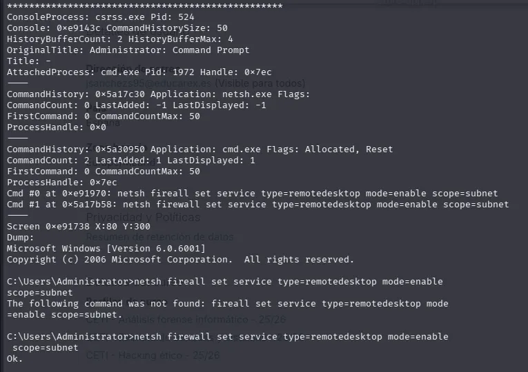 Salida de consoles mostrando el error tipográfico “fireall” corregido a “firewall” en el siguiente comando