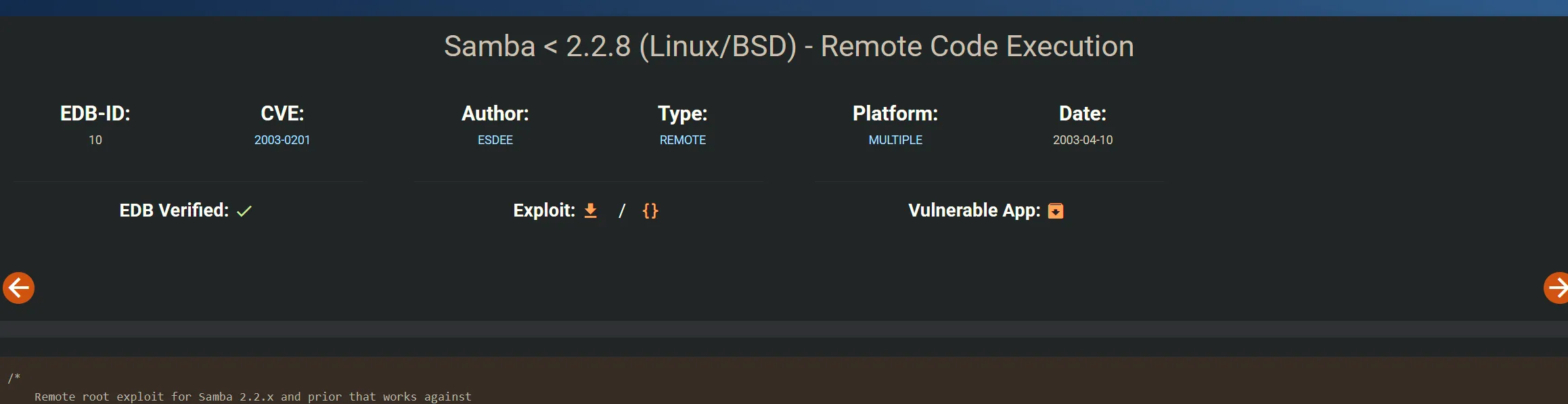 Página de Exploit-DB: Samba < 2.2.8 (Linux/BSD) - Remote Code Execution, EDB-ID 10