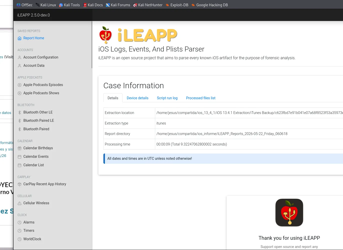 Página de inicio del informe de iLEAPP con la información del caso: ubicación, tipo de extracción y tiempo de procesado