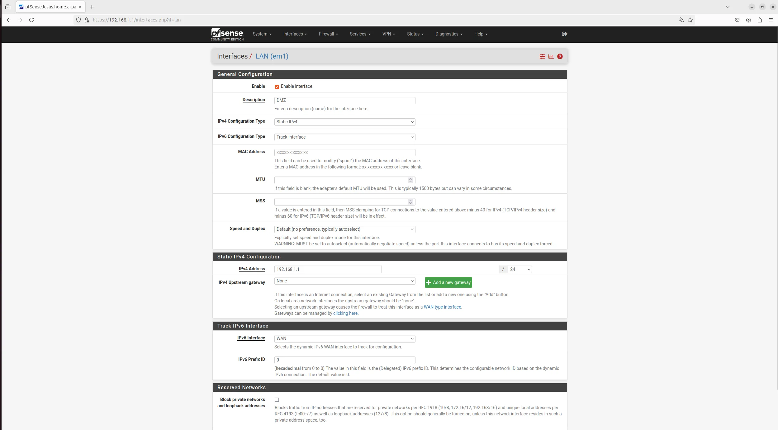 Configuración de la interfaz renombrada a DMZ con IP estática 192.168.1.1/24