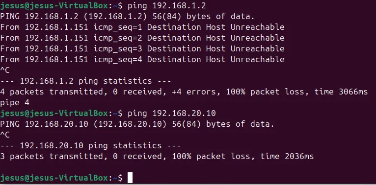 Ping desde un cliente hacia la DMZ mostrando Destination Host Unreachable, confirmando que solo el tráfico HTTP tiene permitido pasar