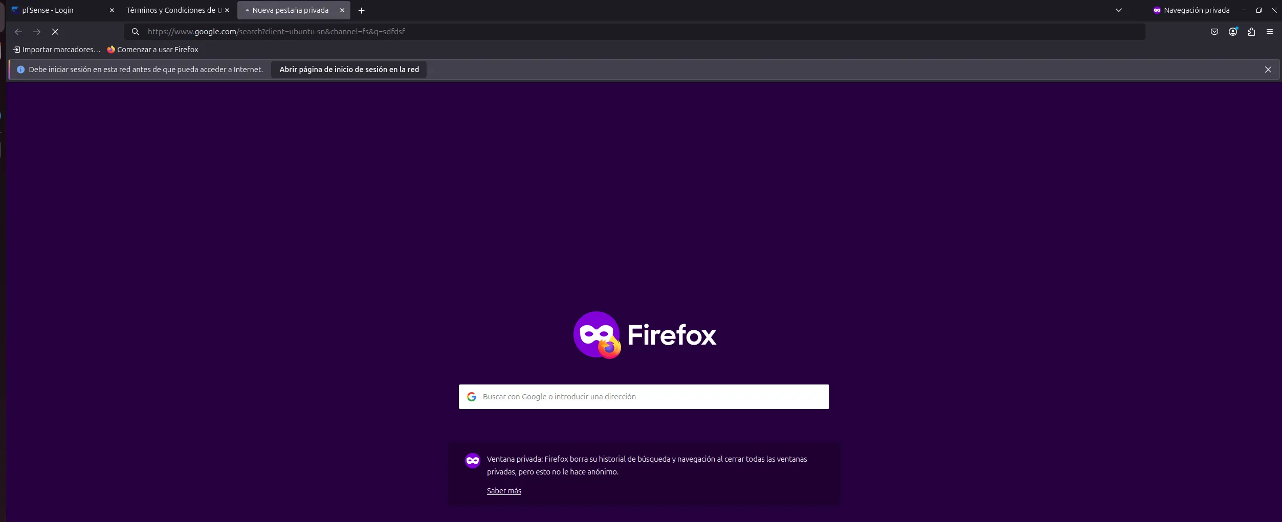 Navegador mostrando el aviso de que hay que iniciar sesión antes de poder acceder a internet