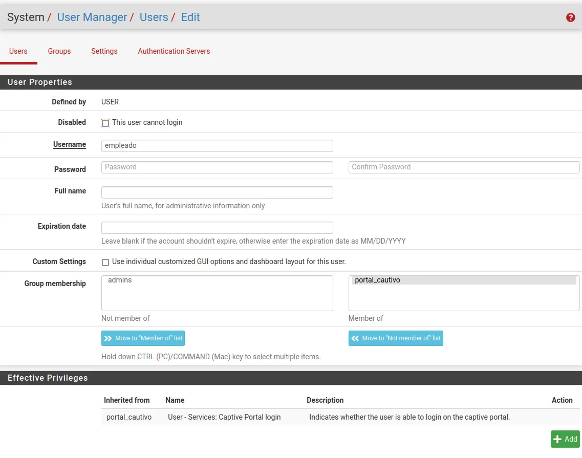 Usuario empleado añadido al grupo portal_cautivo con el privilegio de login del portal cautivo