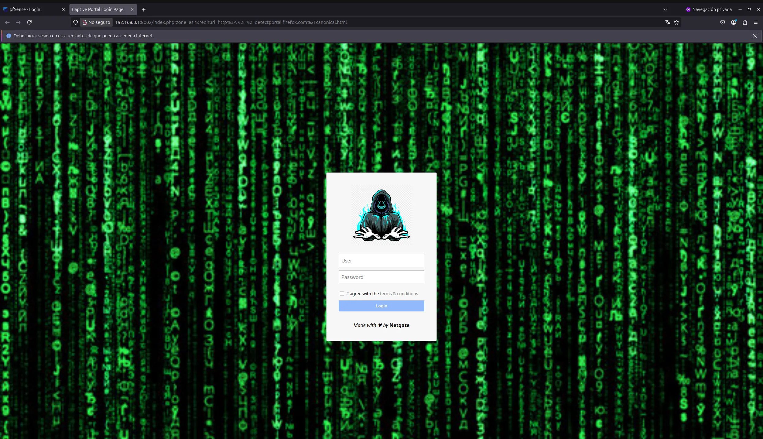 Página de login del portal cautivo personalizada con logo y fondo propios