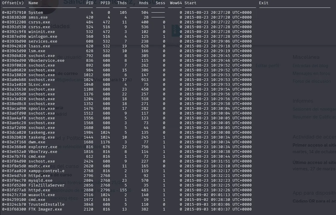 Lista de procesos activos en el volcado, incluyendo XAMPP, dos instancias de cmd.exe y FTK Imager