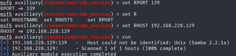 Metasploit identificando la versión de Samba: Unix (Samba 2.2.1a)