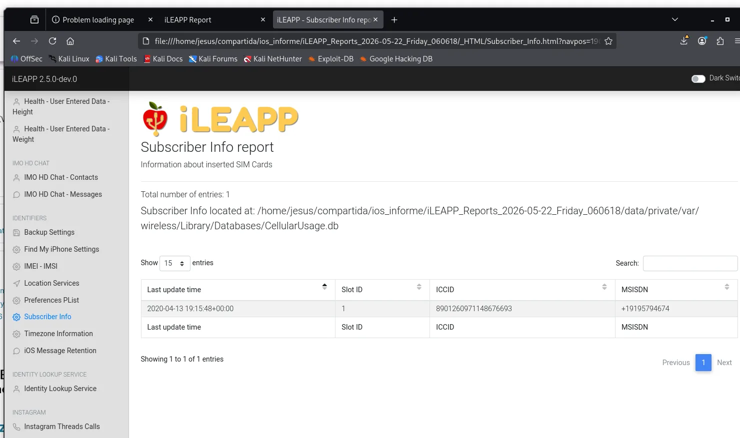 Informe Subscriber Info de iLEAPP con el MSISDN extraído de CellularUsage.db